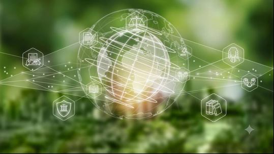 A globe encircled by connected intellectual property and legal symbols