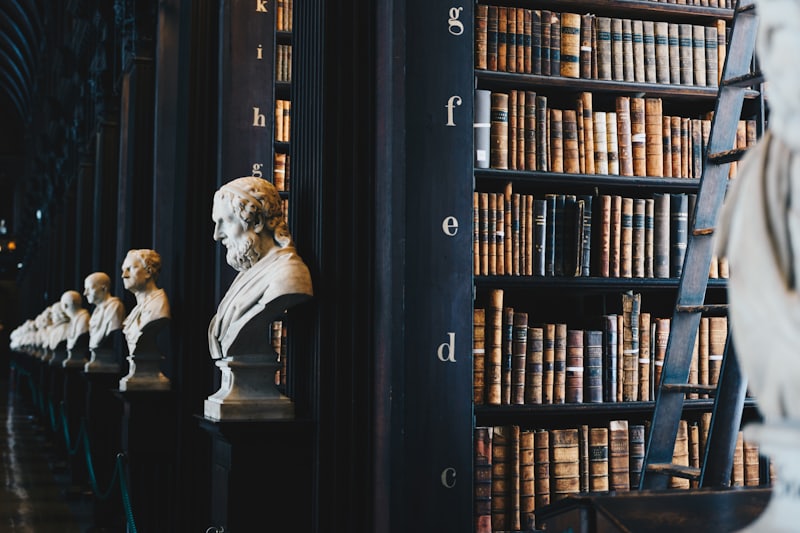 Bound volumes on a dark wooden shelf