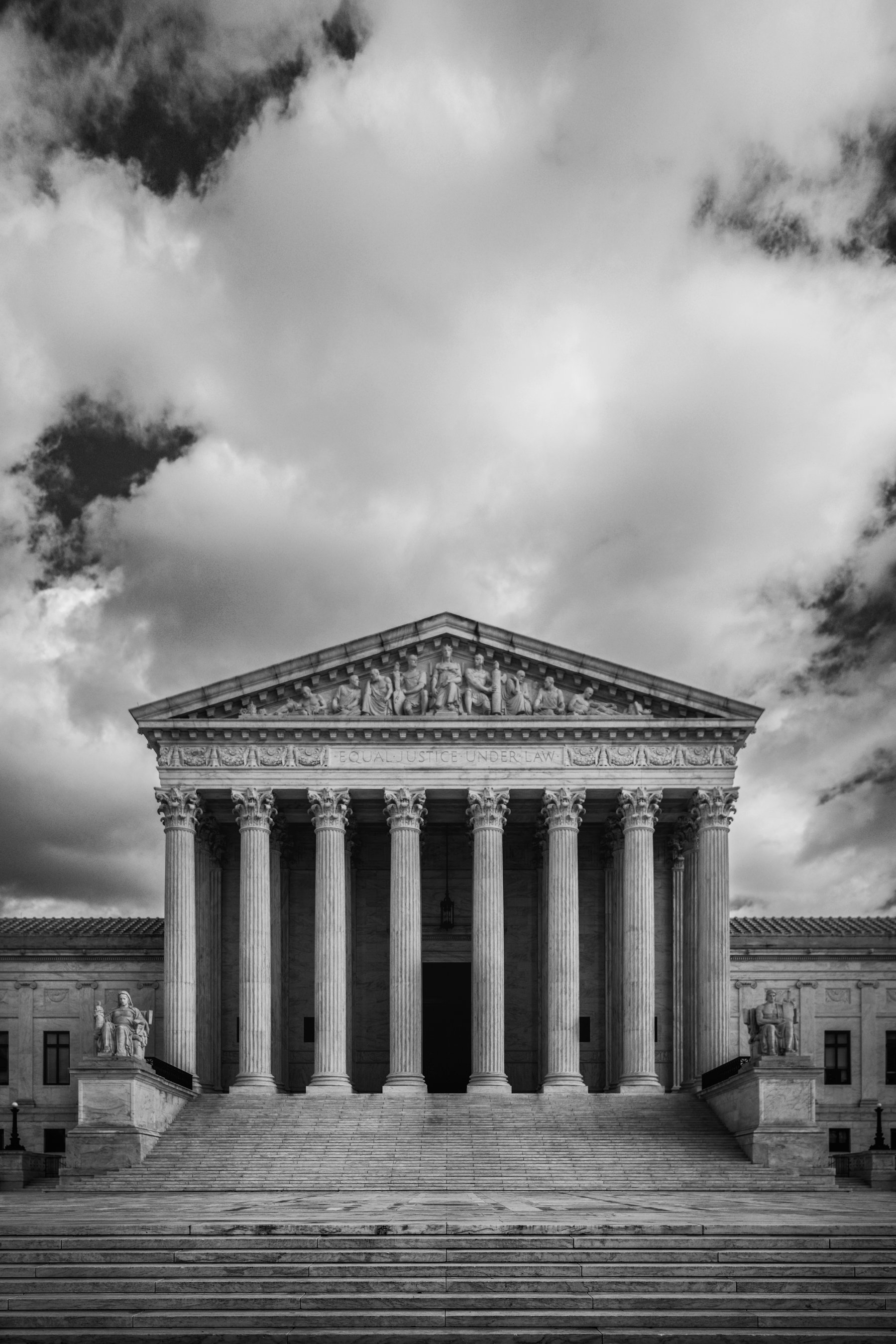 A courthouse facade photographed in black and white